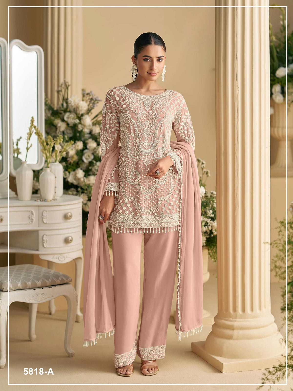 Anaita Peach Georgette Stitched Suit with Embroidered Beads & Sequence Work | Grocsy