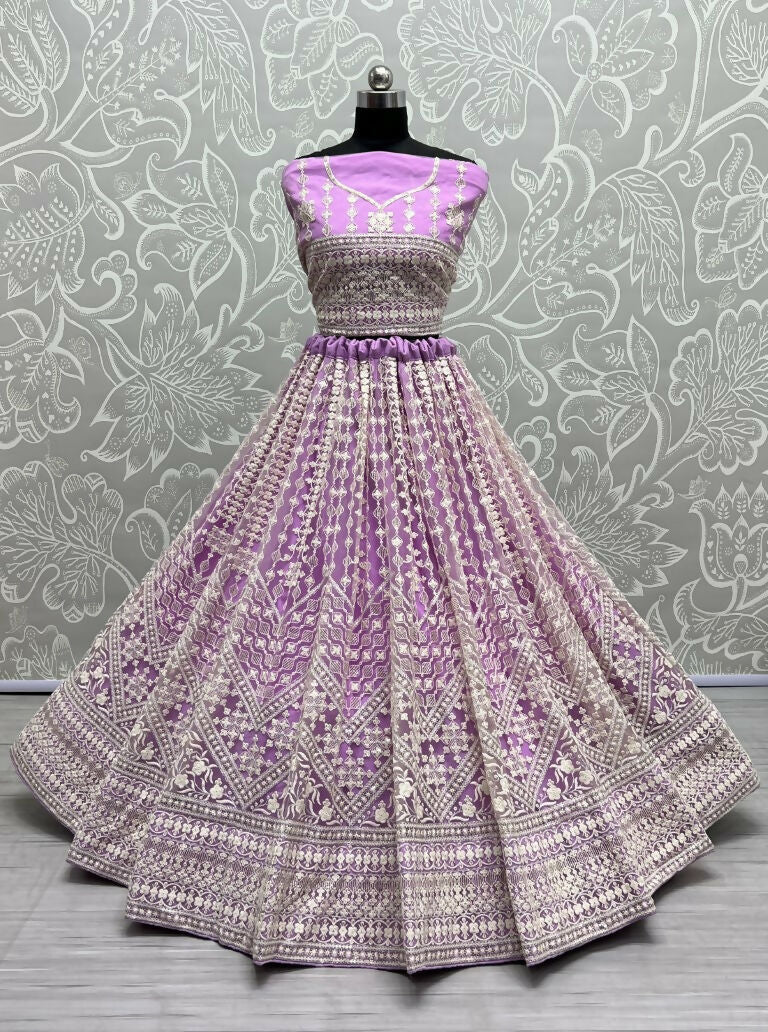 Jyoti Fashion Women's Mauve Net Patterned Thread Embroidered with Sequins Wedding Lehenga Choli | Grocsy
