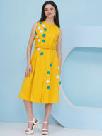 Joban Fashion Yellow Dress with 3D Flower Embroidery and Belt | Grocsy