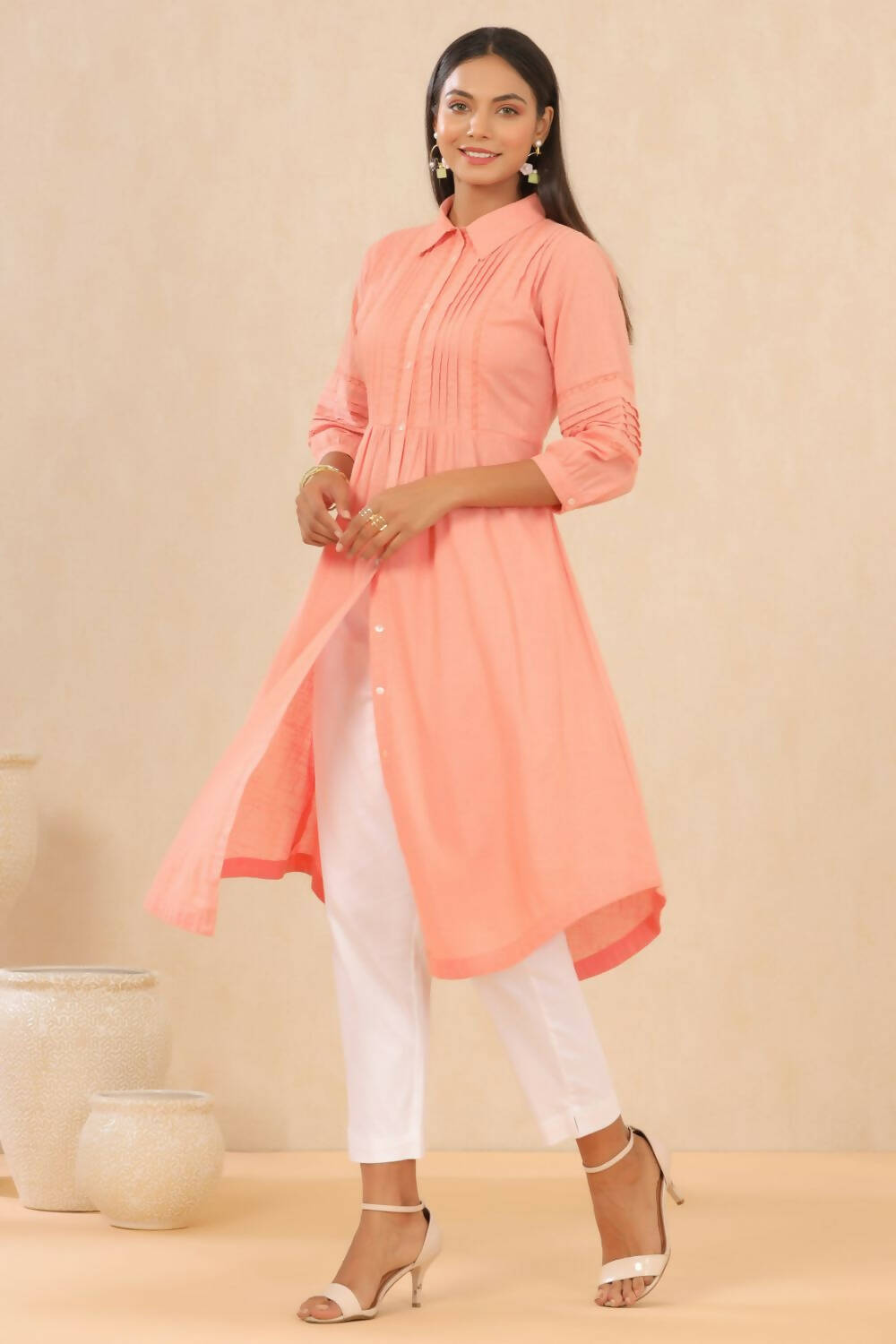 Juniper Womens Blush Pink Cotton Slub Solid Mid Length Shirt Dress With Lace Detailing | Grocsy