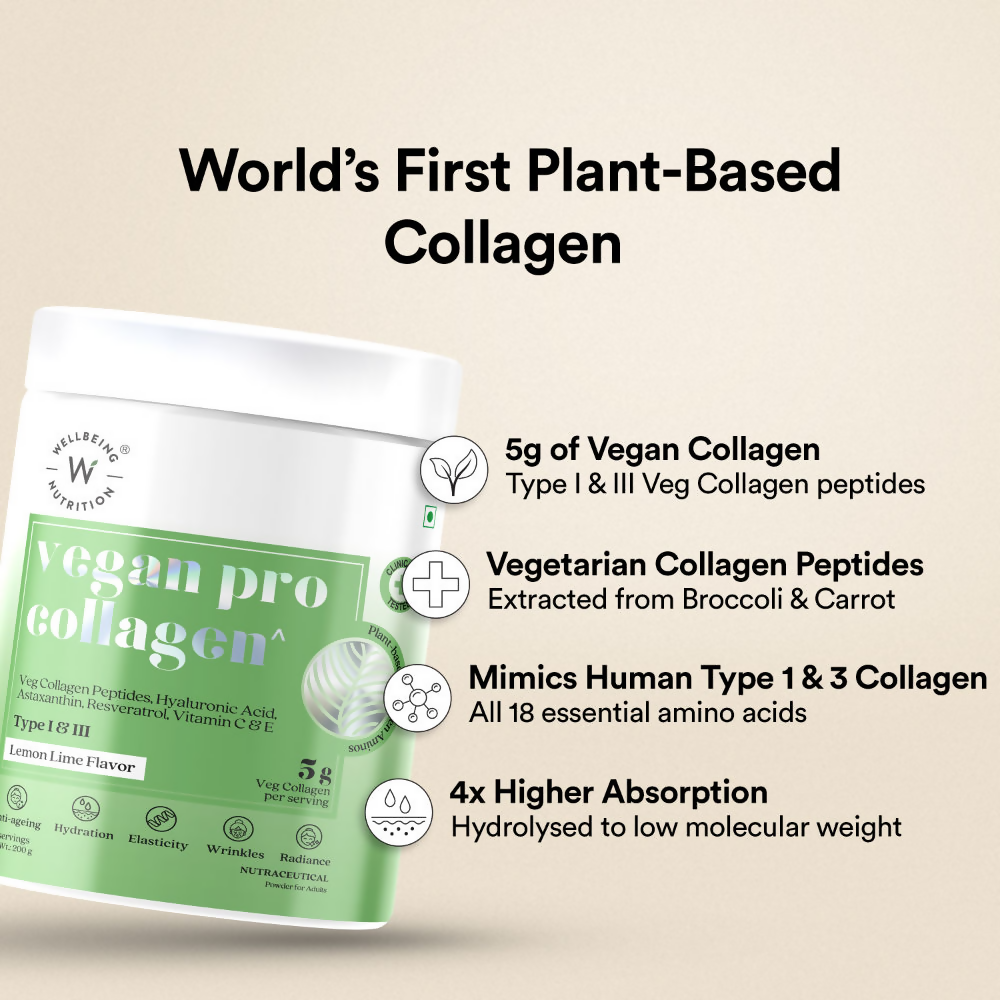Wellbeing Nutrition Vegan Pro Collagen Hyaluronic Acid Skin & Hair Lemon Lime Flavour | Grocsy