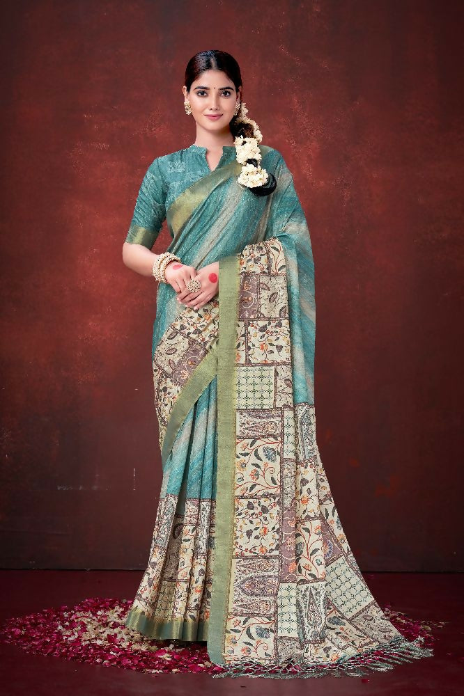 Sky Blue Poly Habotai Silk Foil Print Saree with Unstitched Blouse - Kathari | Grocsy