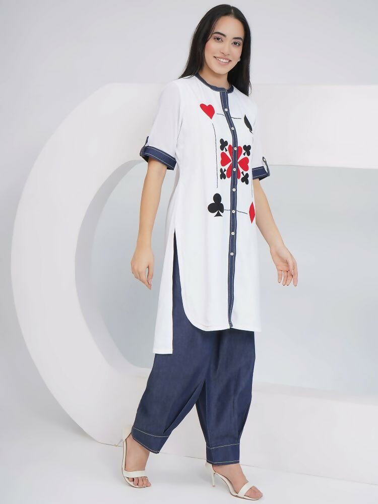 Joban Fashion White Rayon Crepe Applique Embroidered Shirt with Afghani Pants | Grocsy