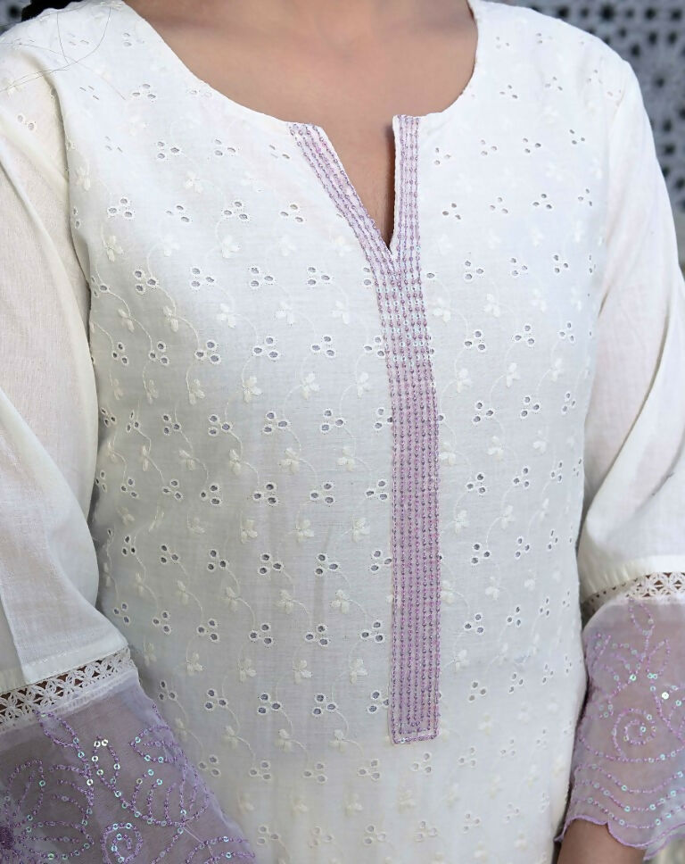 Miravan Women's Organza Cotton Chikankari Embroidered With Purple Sequence work Jaipuri Suit Set | Grocsy