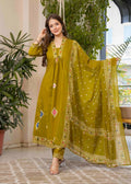 Jaimini Women Cotton Printed V-Neck 3/4 Sleeves Calf Length Flared Kurta Pant And Dupatta Set | Grocsy