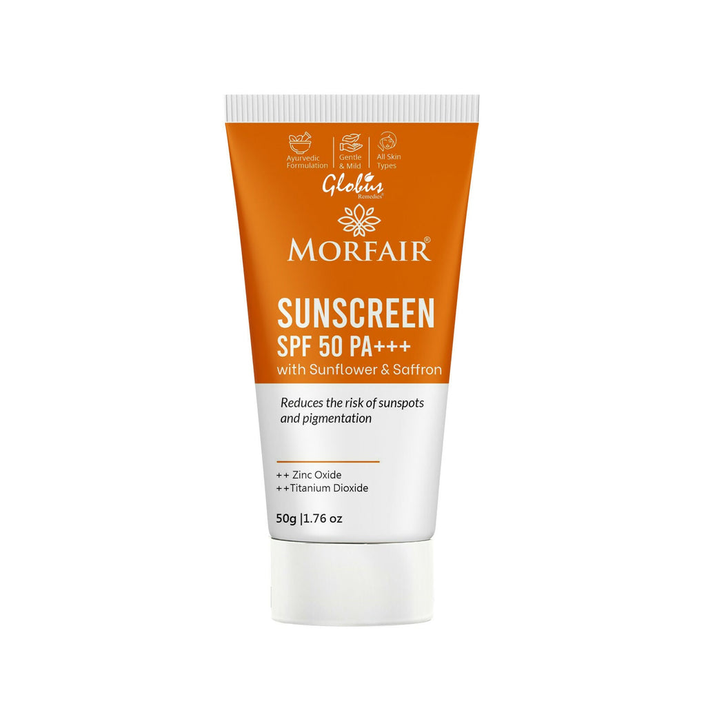 Globus Remedies Morfair Sunscreen SPF 50 PA+++ with Sunflower & Saffron For Reduces Sunspots & Pigmentation | Grocsy