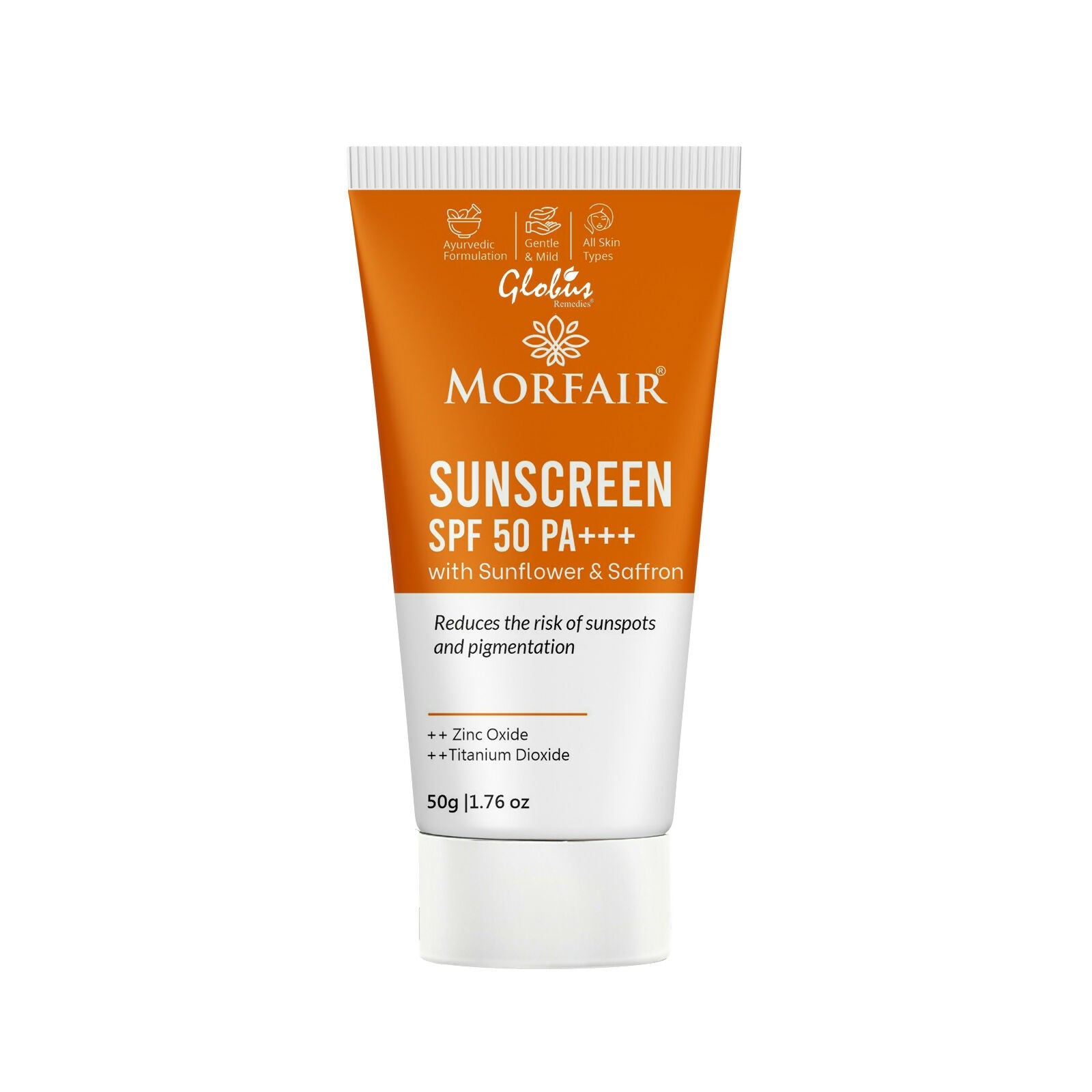 Globus Remedies Morfair Sunscreen SPF 50 PA+++ with Sunflower & Saffron For Reduces Sunspots & Pigmentation | Grocsy