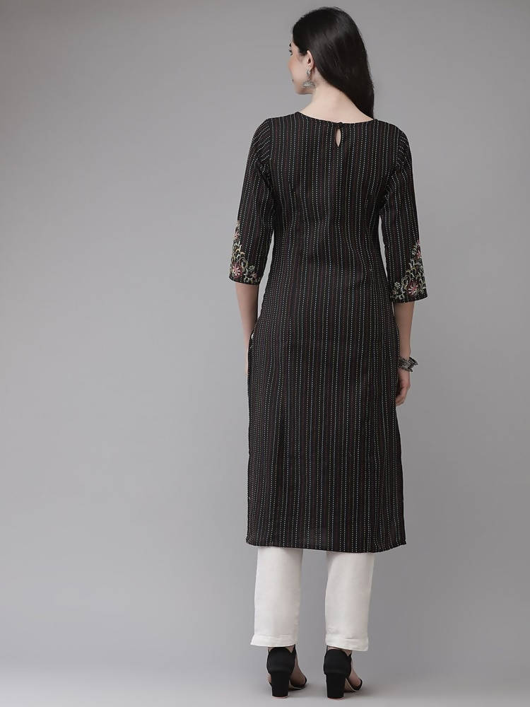 Yufta Women Black Yoke Design Kantha Work Floral Kurta | Grocsy