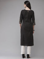 Yufta Women Black Yoke Design Kantha Work Floral Kurta | Grocsy