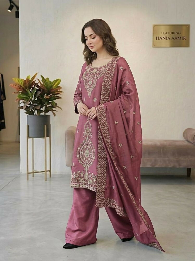 Teeya Creation Pink Color Gimmychu Silk Embroidery Work Wedding Wear Salwar Suit | Grocsy