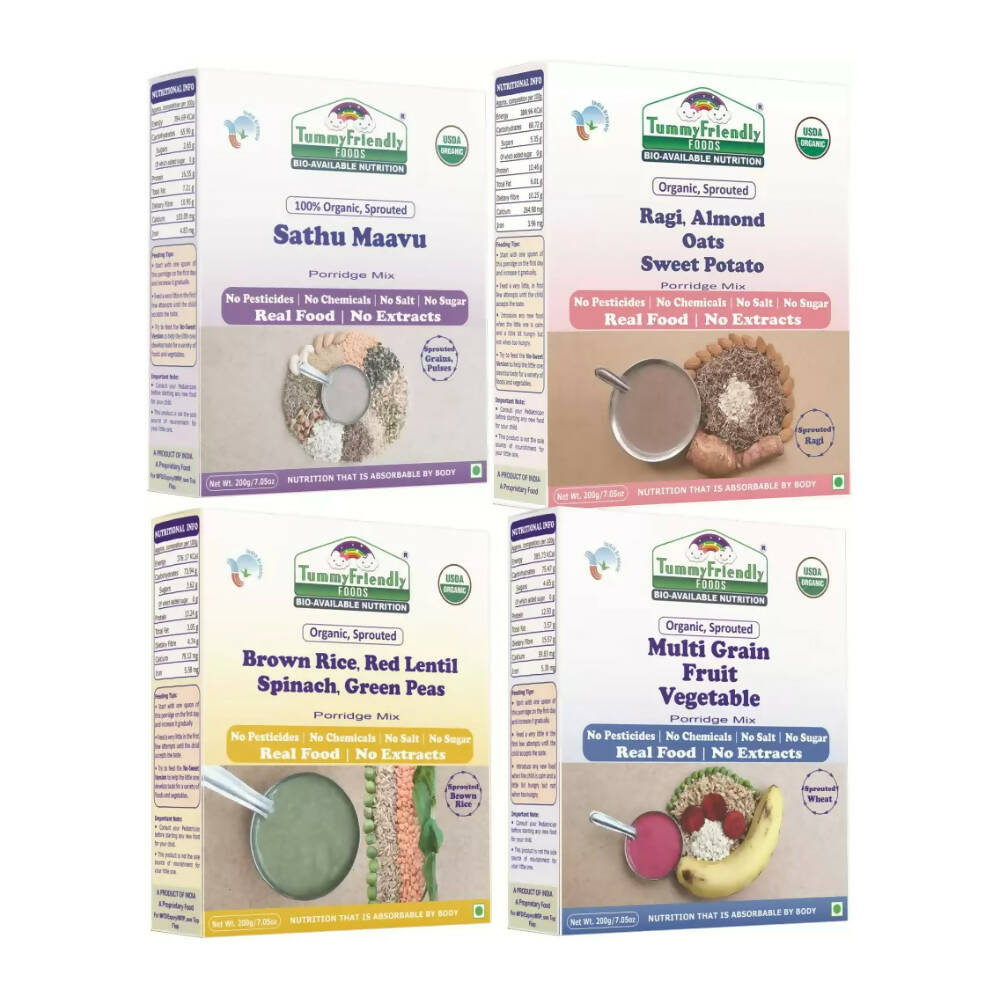 TummyFriendly Foods Organic Certified Stage3 Sprouted Porridge Mixes Combo- Brown Rice, Multi-Grain, Sprouted Ragi, and Sathu Maavu | Grocsy