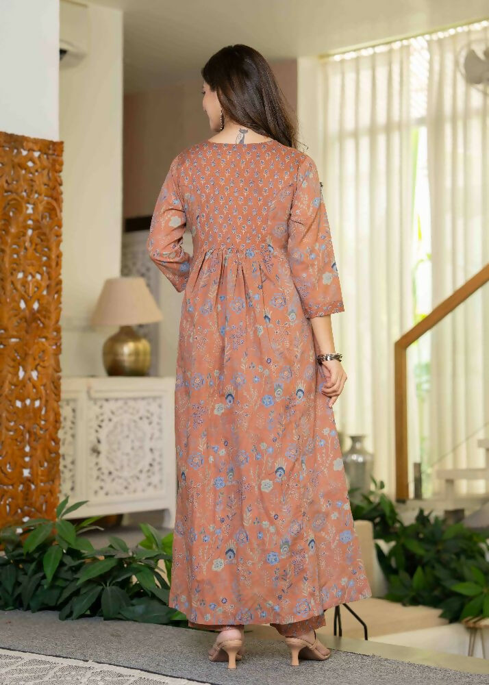 Jaimini Women Cotton Printed Round Neck 3/4 Sleeves Calf Length Flared Kurta Pant And Dupatta Set | Grocsy