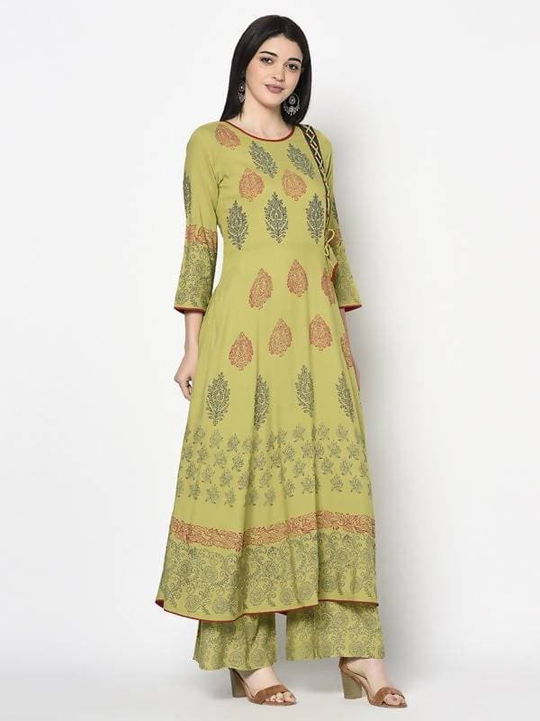 Aniyah Rayon Parrot Green Color Block Print Anarkali Kurta (AN-195K) | Grocsy