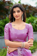 Vastranavya Light Pink Embroidery Work Shimmer Chiffon Saree with Unstitched Blouse | Grocsy