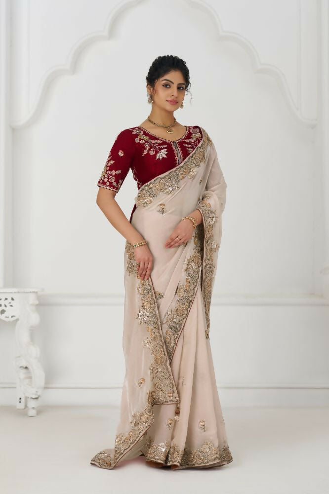 Kesar Fab Chiku Color Stunning Fendi Silk With Zari & Sequins Elegance Saree | Grocsy