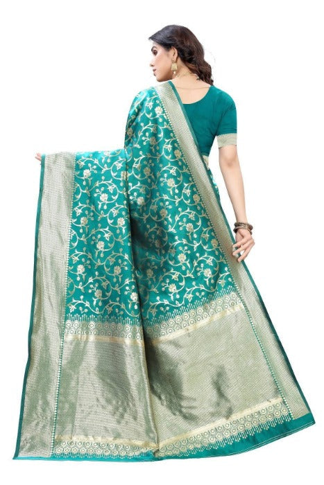 Vamika Banarasi Jacquard Weaving Rama Green Saree (PARINITI RAMA) | Grocsy