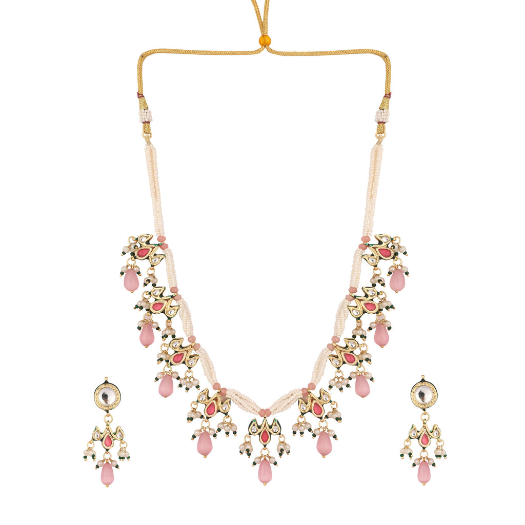 Nuyug 22K Gold Plated Pearl Empress Flora Pink Stone Drops Necklace Set | Grocsy