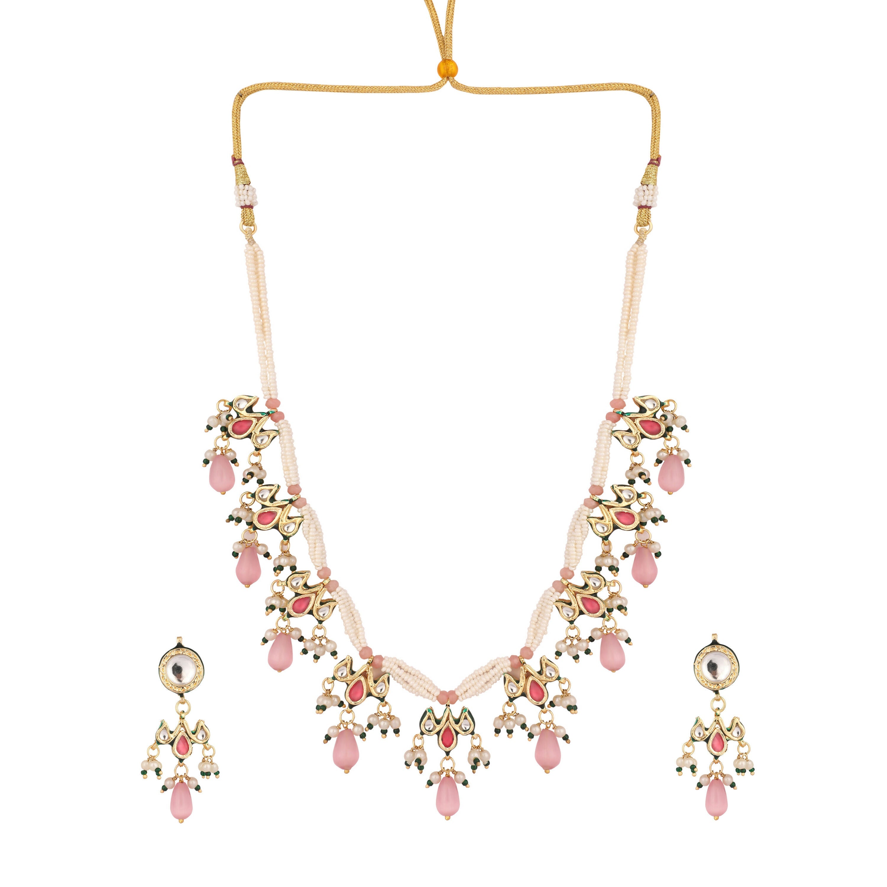 Nuyug 22K Gold Plated Pearl Empress Flora Pink Stone Drops Necklace Set | Grocsy