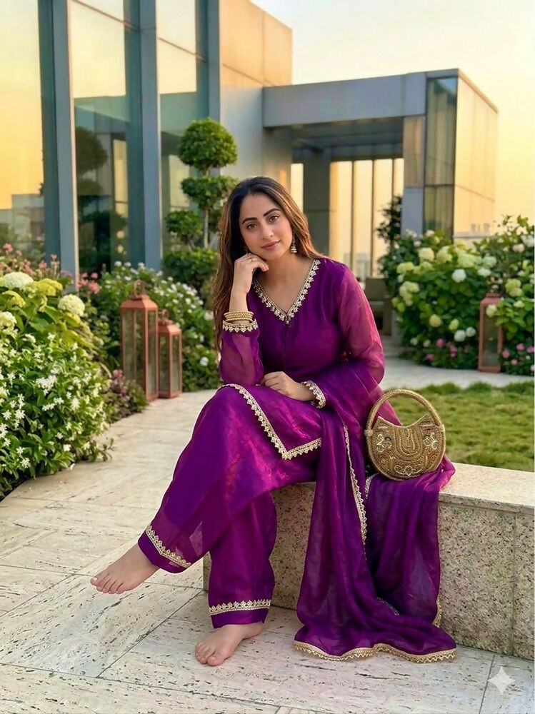 Teeya Creation New Trendy Elegant Wine Chanderi Silk Kurta Set with Delicate Lace Detailing and Matching Dupatta | Grocsy