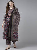 Yufta Women Navy Blue & Red Floral Printed Pure Cotton Kurta with Trouser and Dupatta | Grocsy
