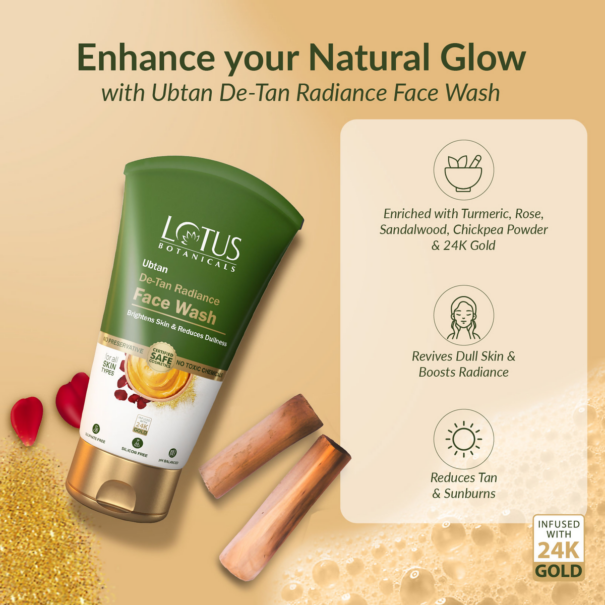 Lotus Botanicals Ubtan De-Tan Radiance Face Wash Infused with 24K Gold Rejuvenated Skin | Grocsy