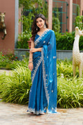 Vastranavya Firozi Embroidery Work Shimmer Chiffon Saree with Unstitched Blouse | Grocsy