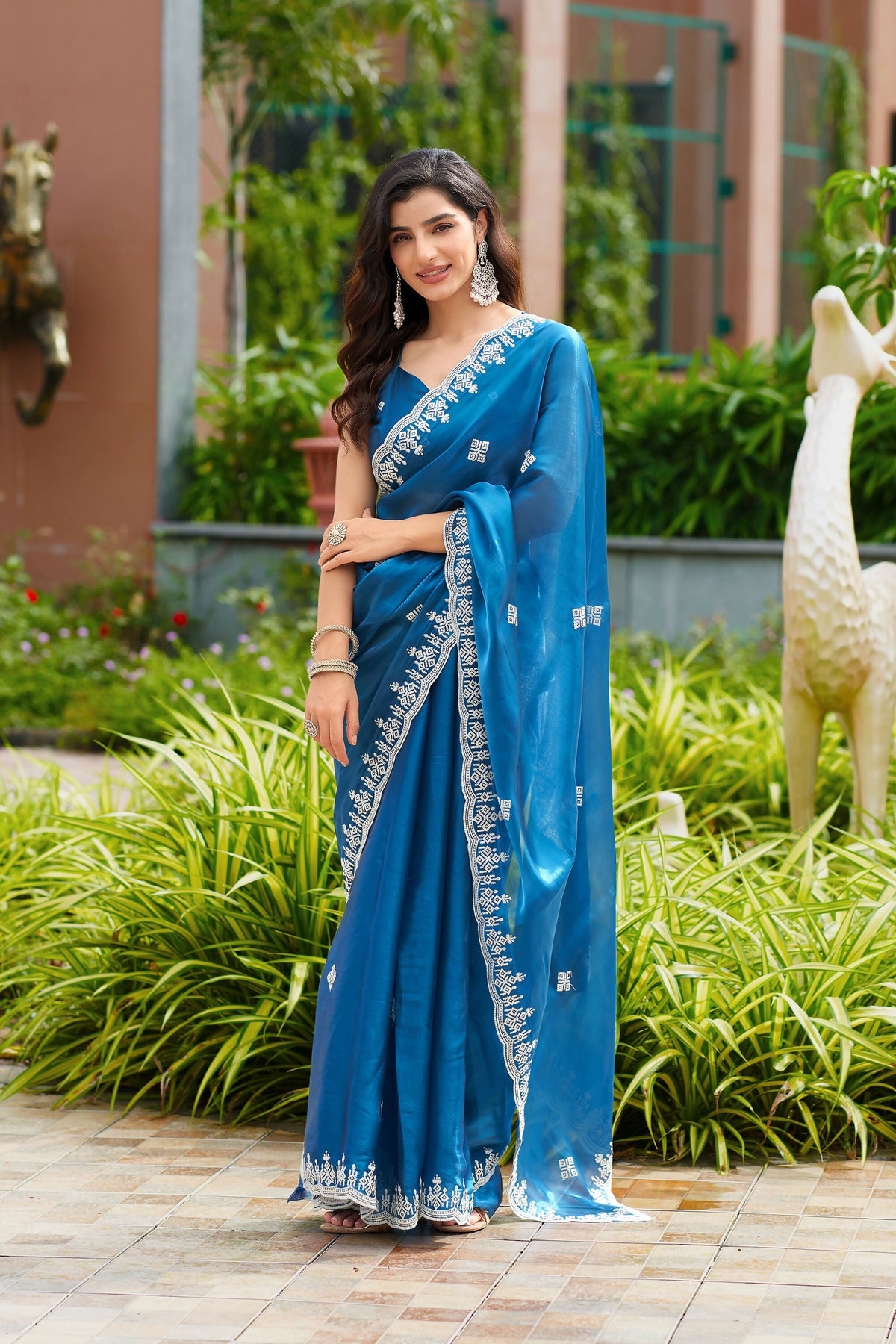 Vastranavya Firozi Embroidery Work Shimmer Chiffon Saree with Unstitched Blouse | Grocsy