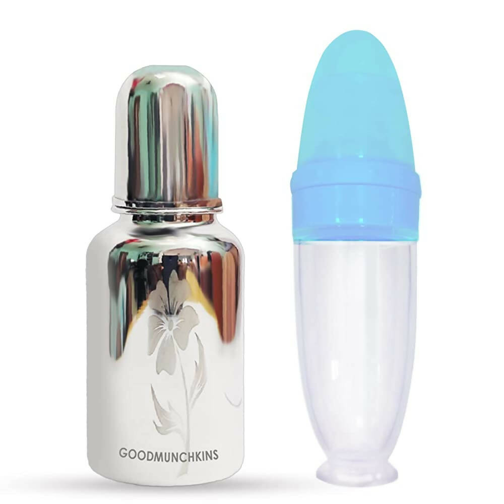 Goodmunchkins Stainless Steel Feeding Bottle With Spoon Food Feeder for Baby Anti Colic Silicon Nipple Feeder 300 ml Combo Pack-Blue | Grocsy