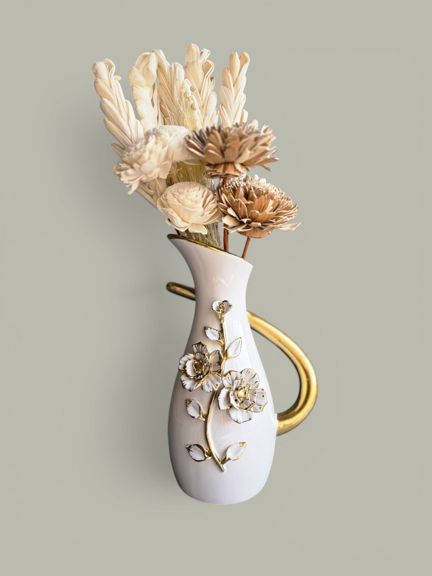 Sun Mun Decors Premium & Elegant White & Golden Ceramic Jar Shaped Vase | Grocsy