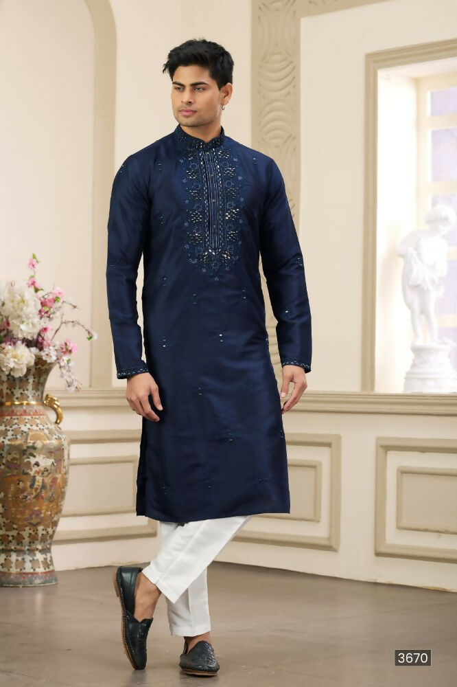 Raivat Ethnic Banarasi Art Silk Thread and Mirror Work Kurta Pajama In Blue Colour | Grocsy