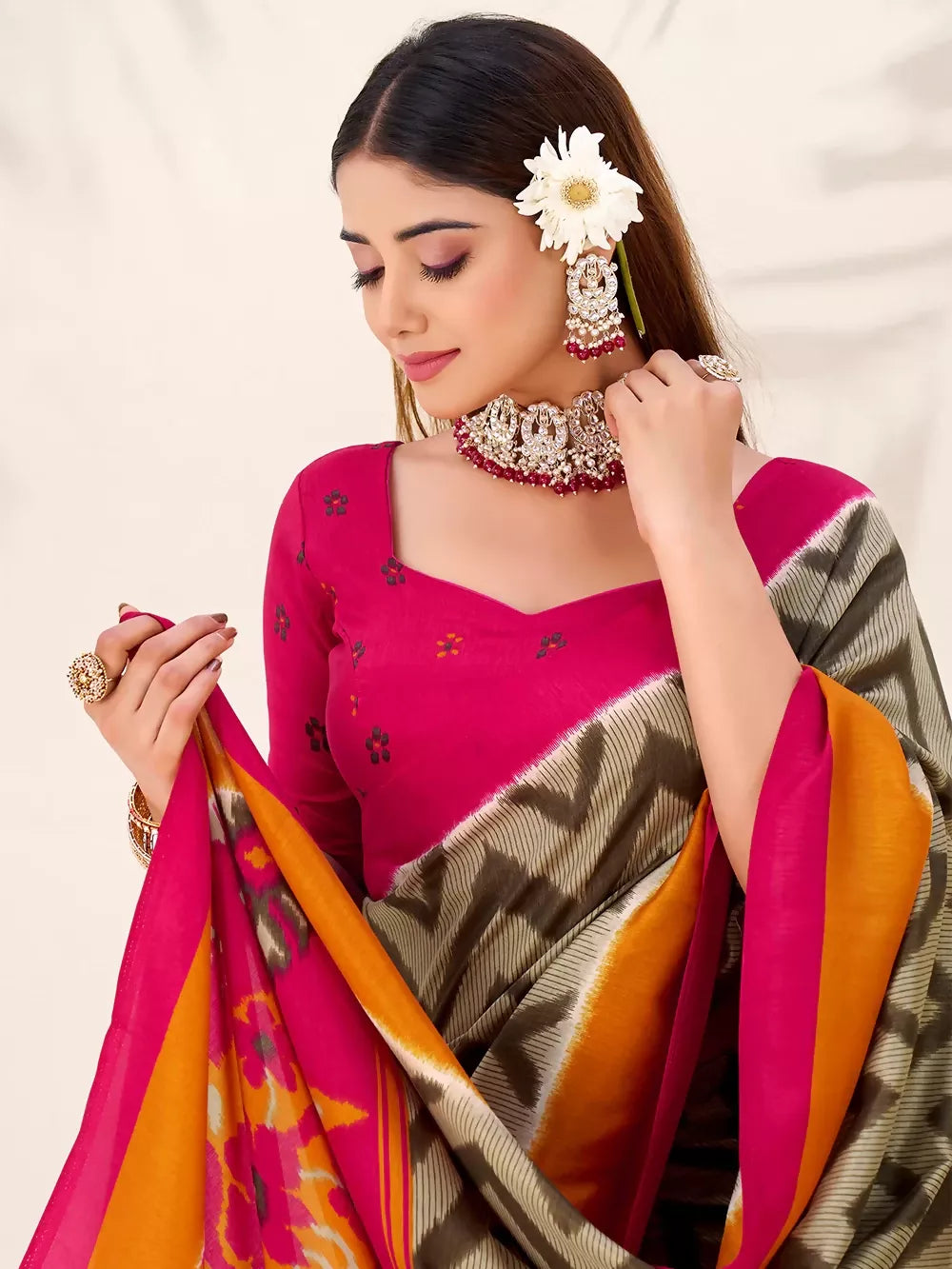 Vastranavya Mehendi Tussar Silk Zigzag Waves Printed Saree with Unstitched Blouse | Grocsy