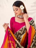 Vastranavya Mehendi Tussar Silk Zigzag Waves Printed Saree with Unstitched Blouse | Grocsy