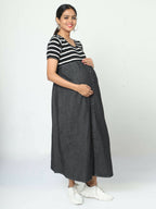 Manet Half Sleeves Maternity Dress White Striped With Concealed Zipper Nursing Access - Black | Grocsy