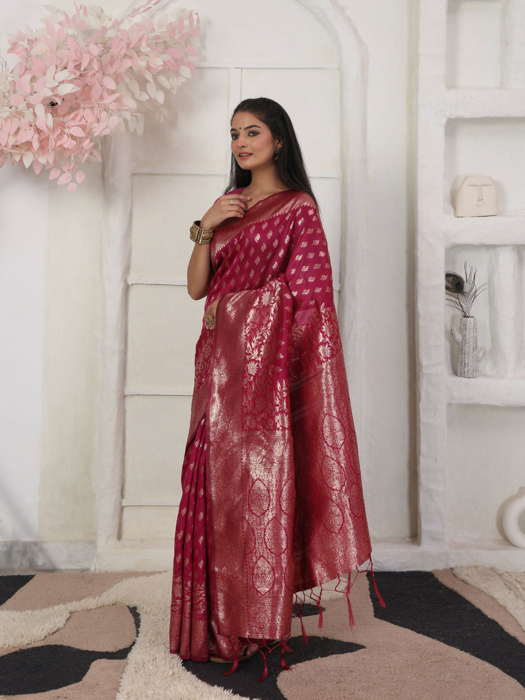 Shree Shyam Fashion Lichi Silk Wine Saree | Grocsy
