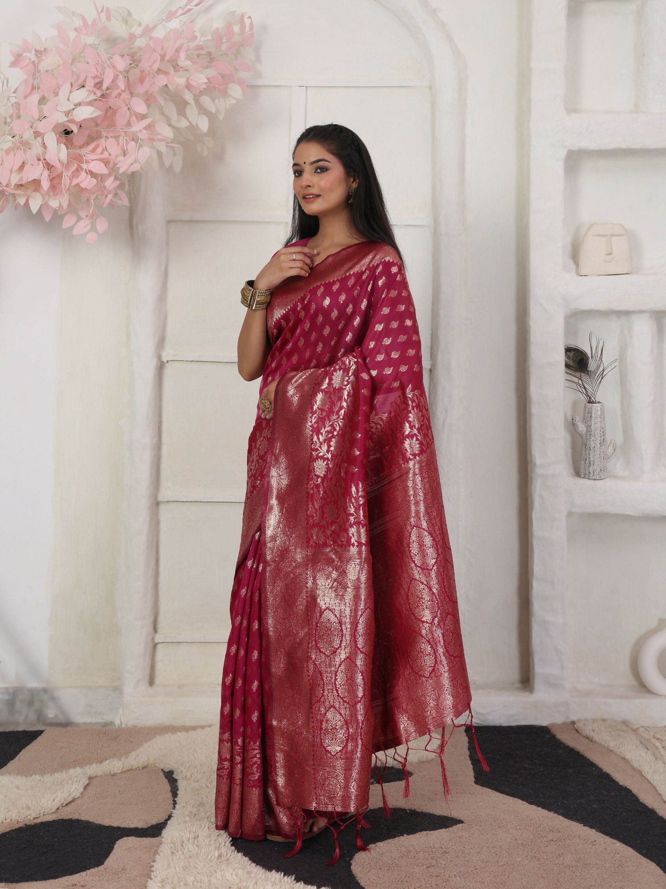 Shree Shyam Fashion Lichi Silk Wine Saree | Grocsy