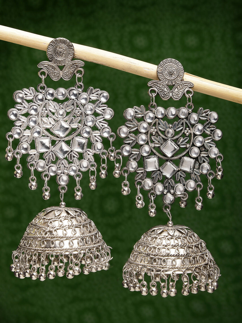 NVR Women's Silver-Plated Oxidised Artificial Stones Dome Shaped Jhumka Earrings | Grocsy