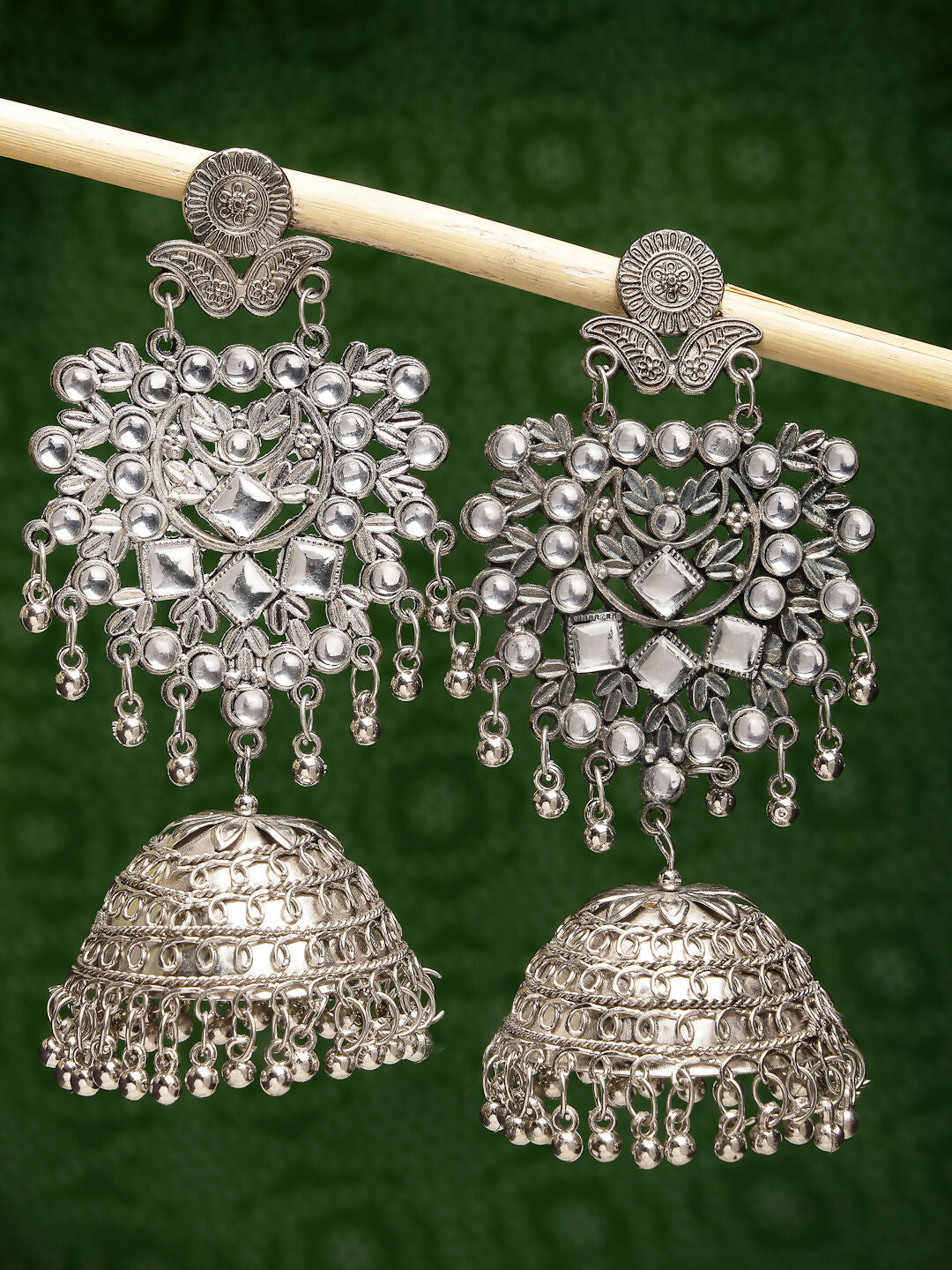 NVR Women's Silver-Plated Oxidised Artificial Stones Dome Shaped Jhumka Earrings | Grocsy