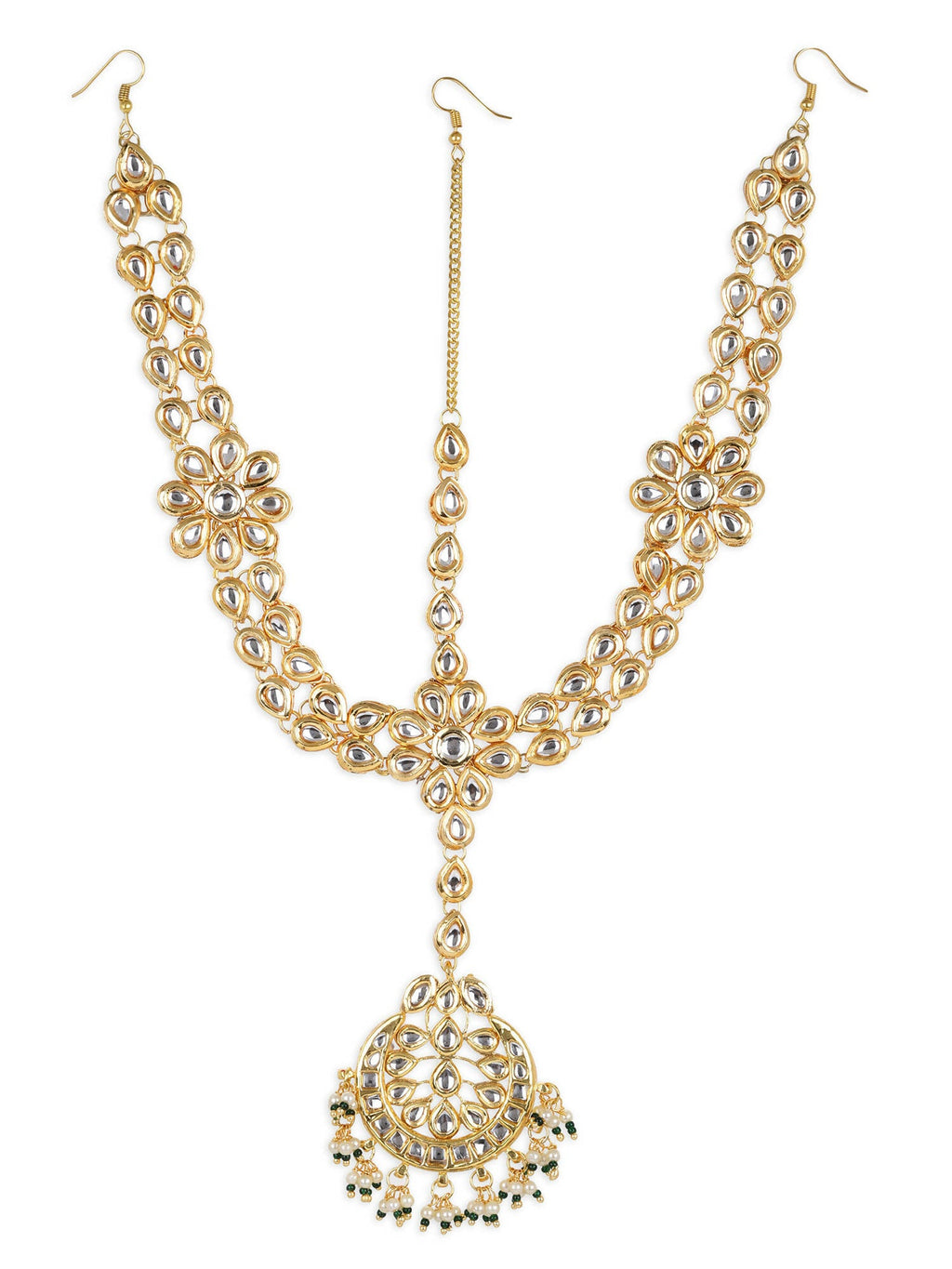 Gold-Polished White Kundan-Studded Pearl Beaded Matha Patti - Ruby Raang | Grocsy