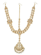 Gold-Polished White Kundan-Studded Pearl Beaded Matha Patti - Ruby Raang | Grocsy