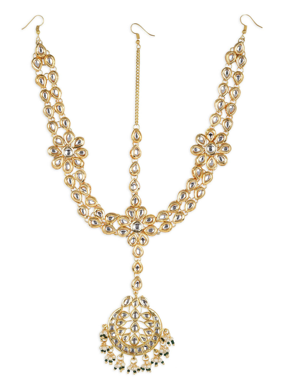 Gold-Polished White Kundan-Studded Pearl Beaded Matha Patti - Ruby Raang | Grocsy