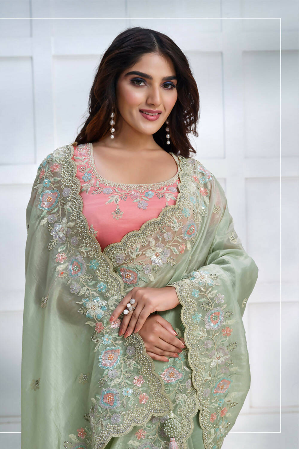 Green Banarasi Crush silk Sequence Embroidered with Stone work Saree - Mohmanthan Majestica | Grocsy