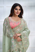 Green Banarasi Crush silk Sequence Embroidered with Stone work Saree - Mohmanthan Majestica | Grocsy