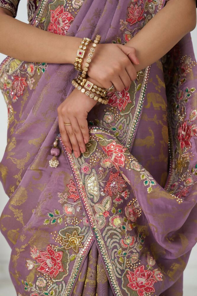 Kesar Fab Bloom In Style: Mauve With Vibrant Thread Work & Floral Motifs Saree | Grocsy
