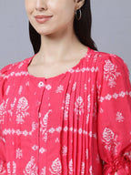Myshka Women's Pink White Ethnic Motifs Printed Maxi Dress | Grocsy