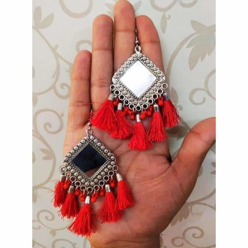 MS Fashion India Silver Mirror Oxidized Red Color Silk Threads German Silver Earrings | Grocsy