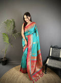 Joban Fashion Aqua Green Banarasi Soft Silk Peacock Butta Work Saree | Grocsy