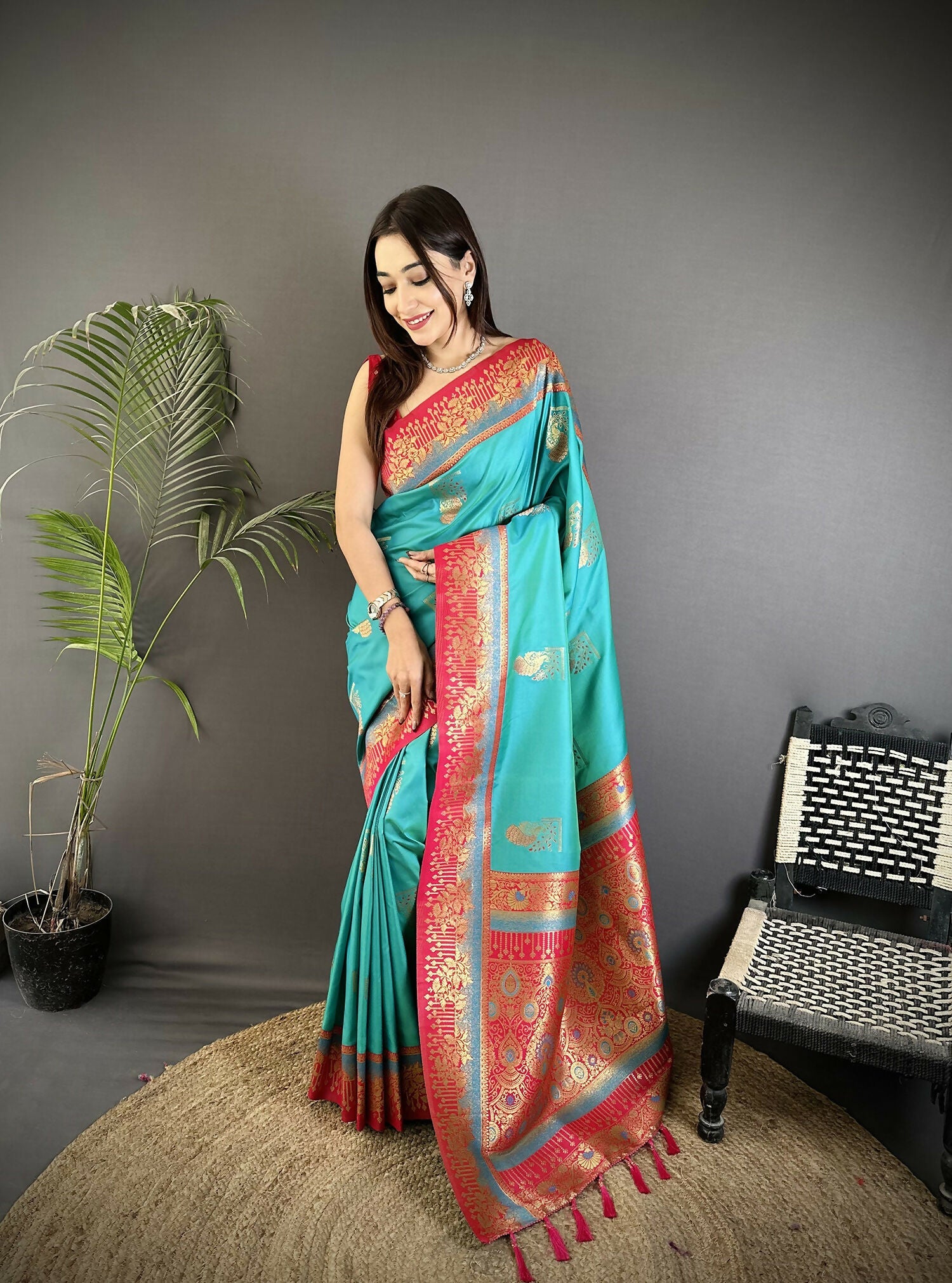 Joban Fashion Aqua Green Banarasi Soft Silk Peacock Butta Work Saree | Grocsy