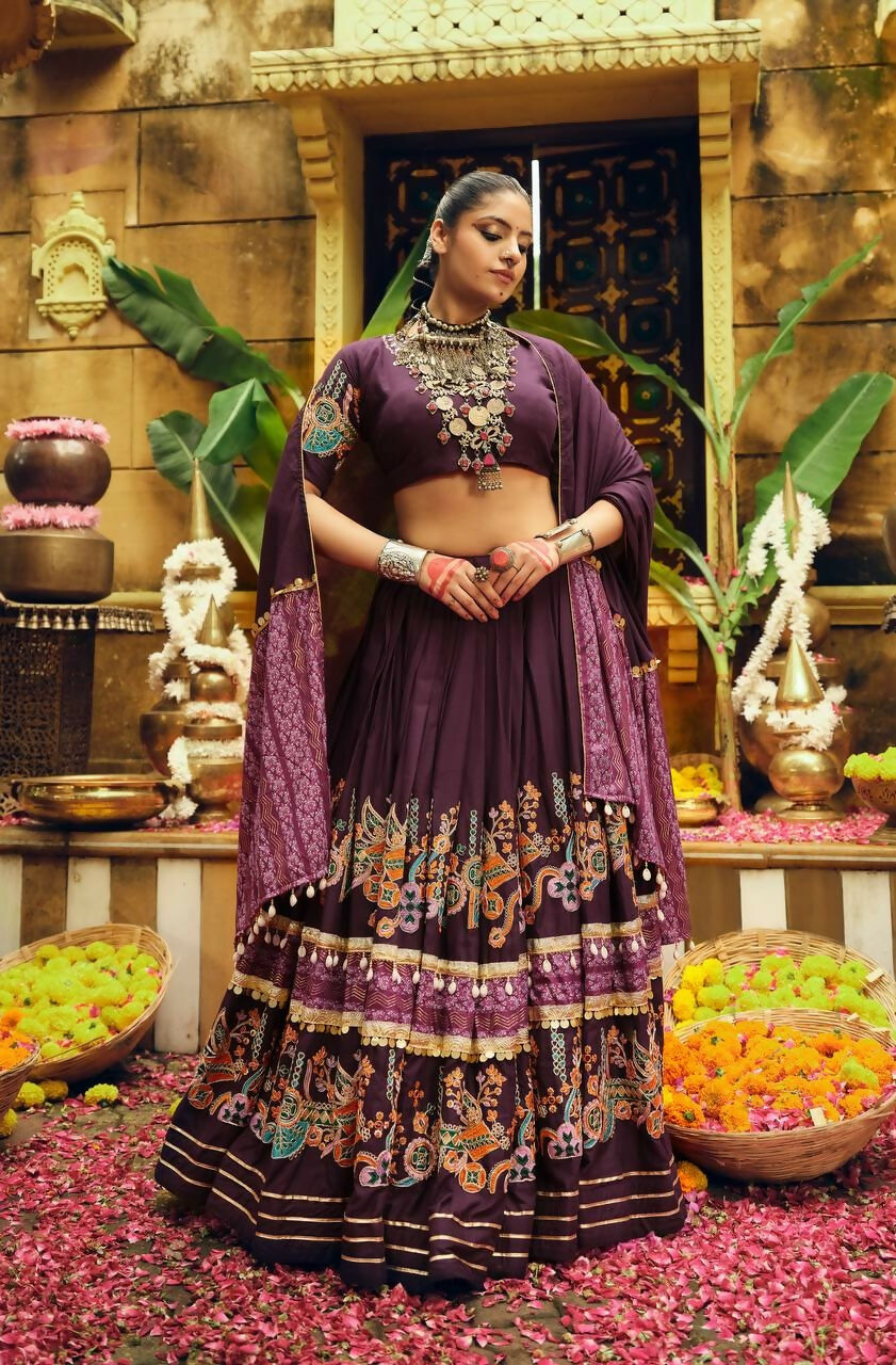 Teeya Creation Wine Colour Rayon Silk Digital Print Fully Stitched Navratri Lehenga | Grocsy