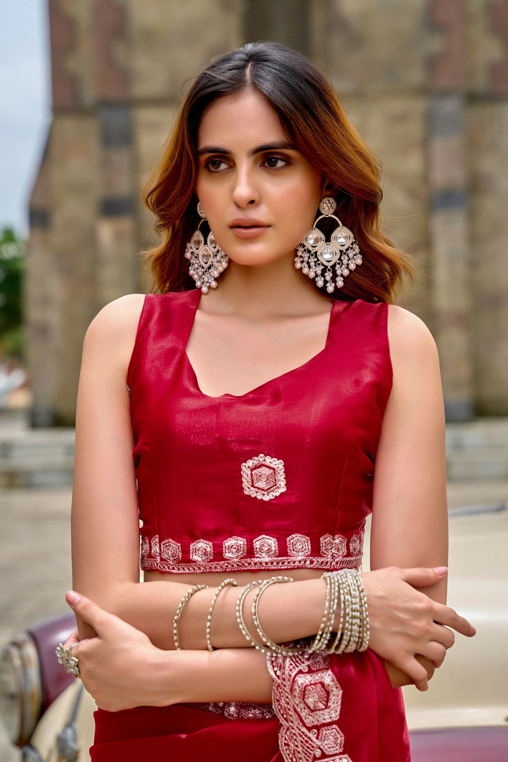 Vastranavya Red Embroidery Work Shimmer Chiffon Saree with Unstitched Blouse | Grocsy