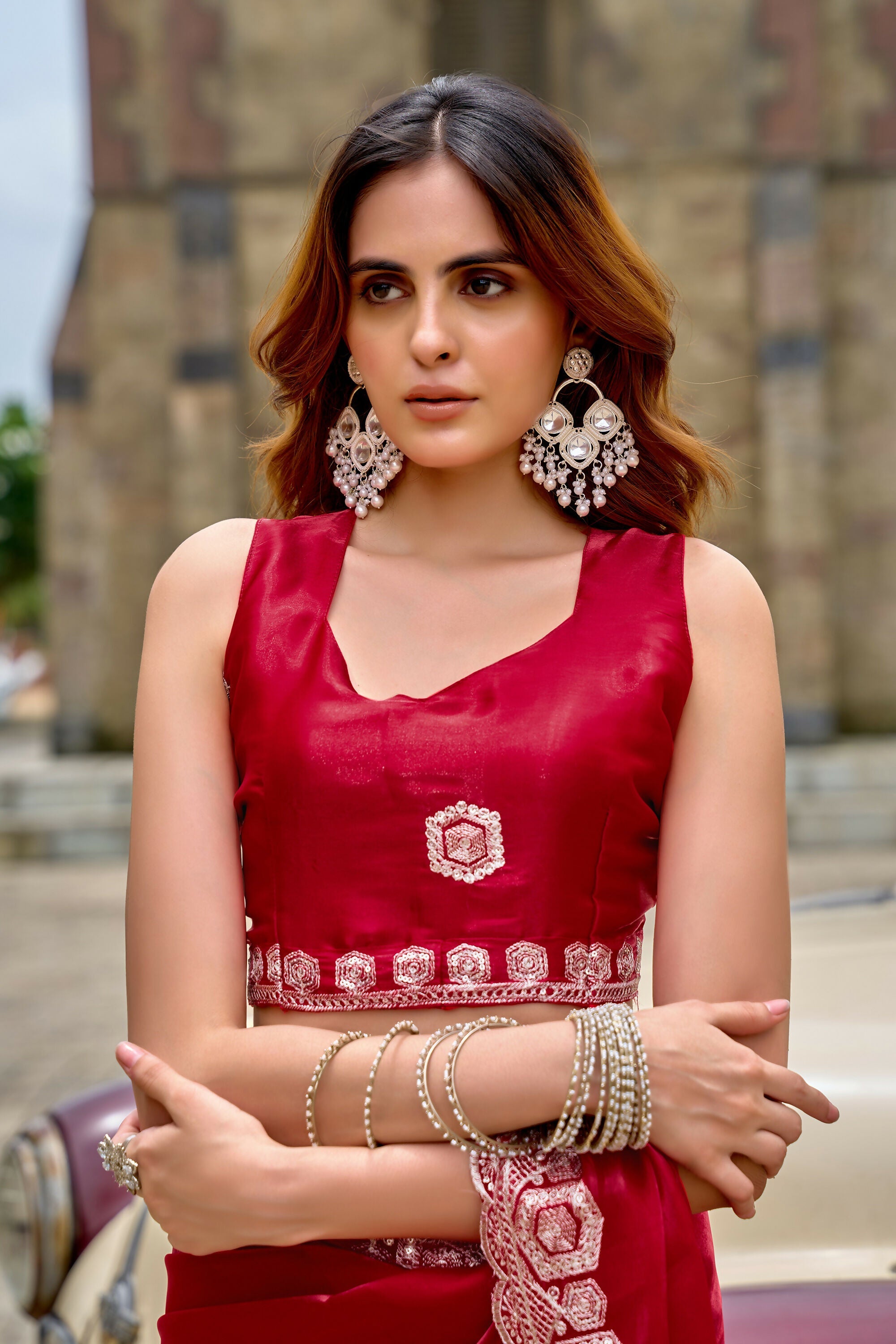 Vastranavya Red Embroidery Work Shimmer Chiffon Saree with Unstitched Blouse | Grocsy